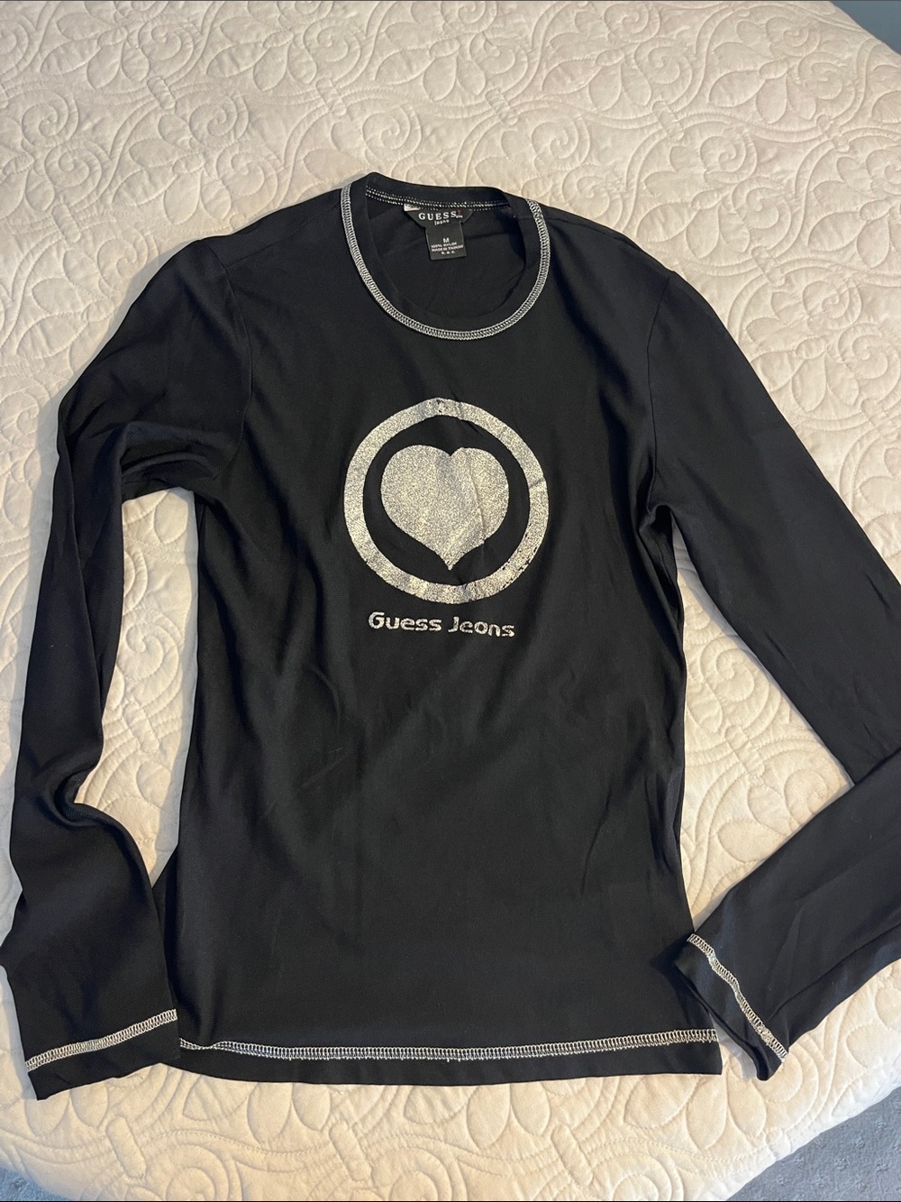 Guess Black Long Sleeve Tee with Silver Heart Logo
